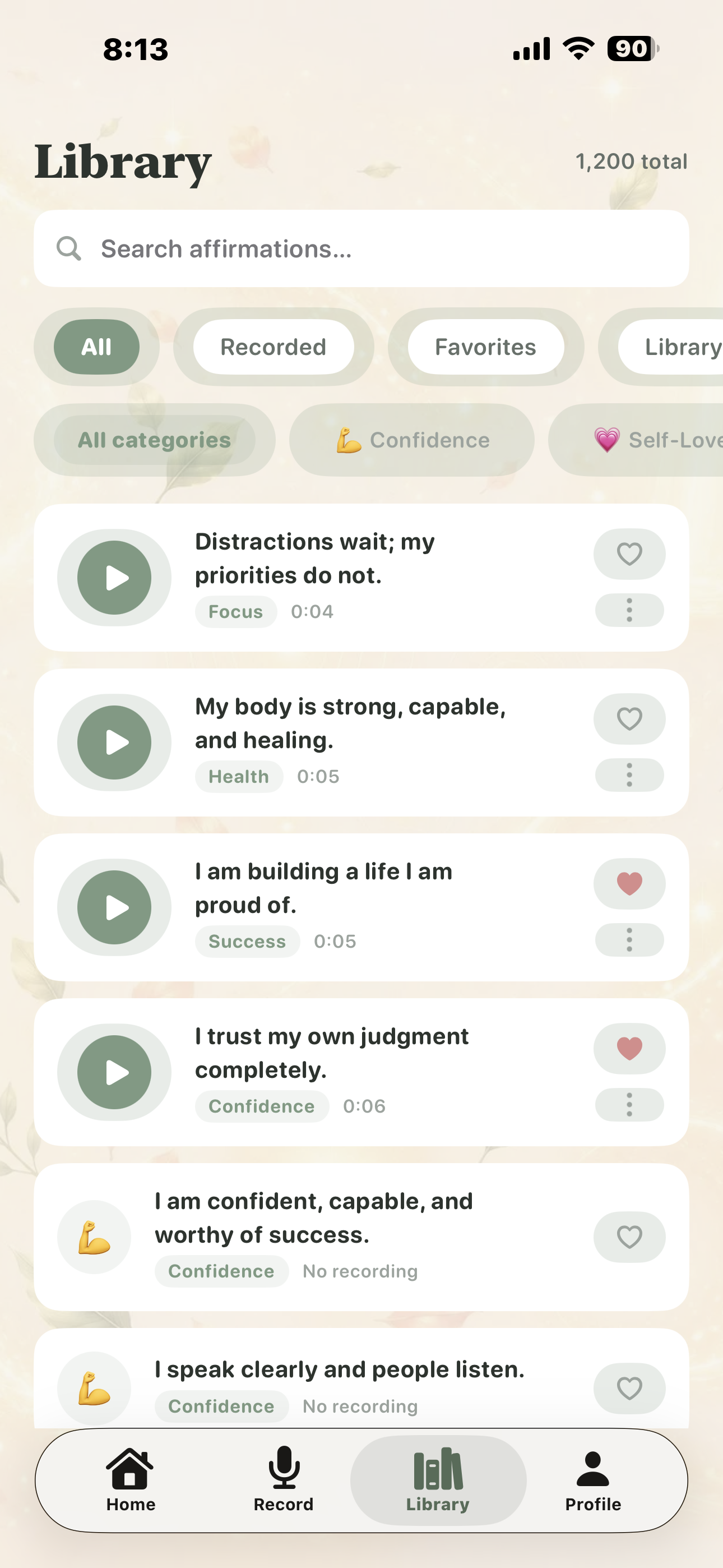 The Library screen listing recorded affirmations with durations, hearts and category tags.