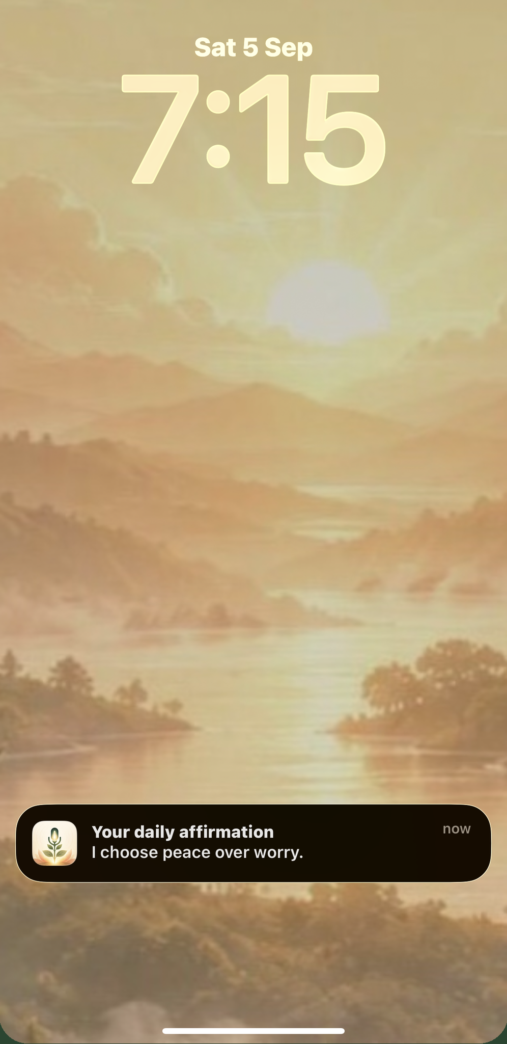 An iPhone lock screen at 7:15 in the morning showing a SpeakTrue notification that reads: I choose peace over worry.